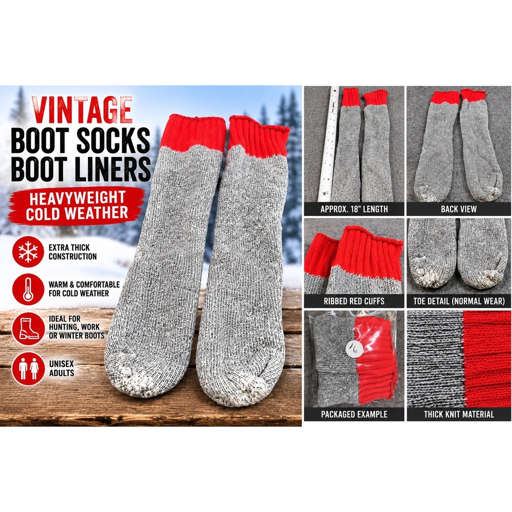 Vintage Heavyweight Boot Socks Gray Red Ribbed Cuff Winter Cold Weather Liners